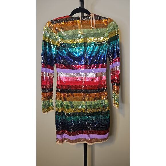 Mac Duggal 93724 Sequin Rainbow Striped Cocktail Dress | Long Sleeve Mini - Picture 3 of 6
